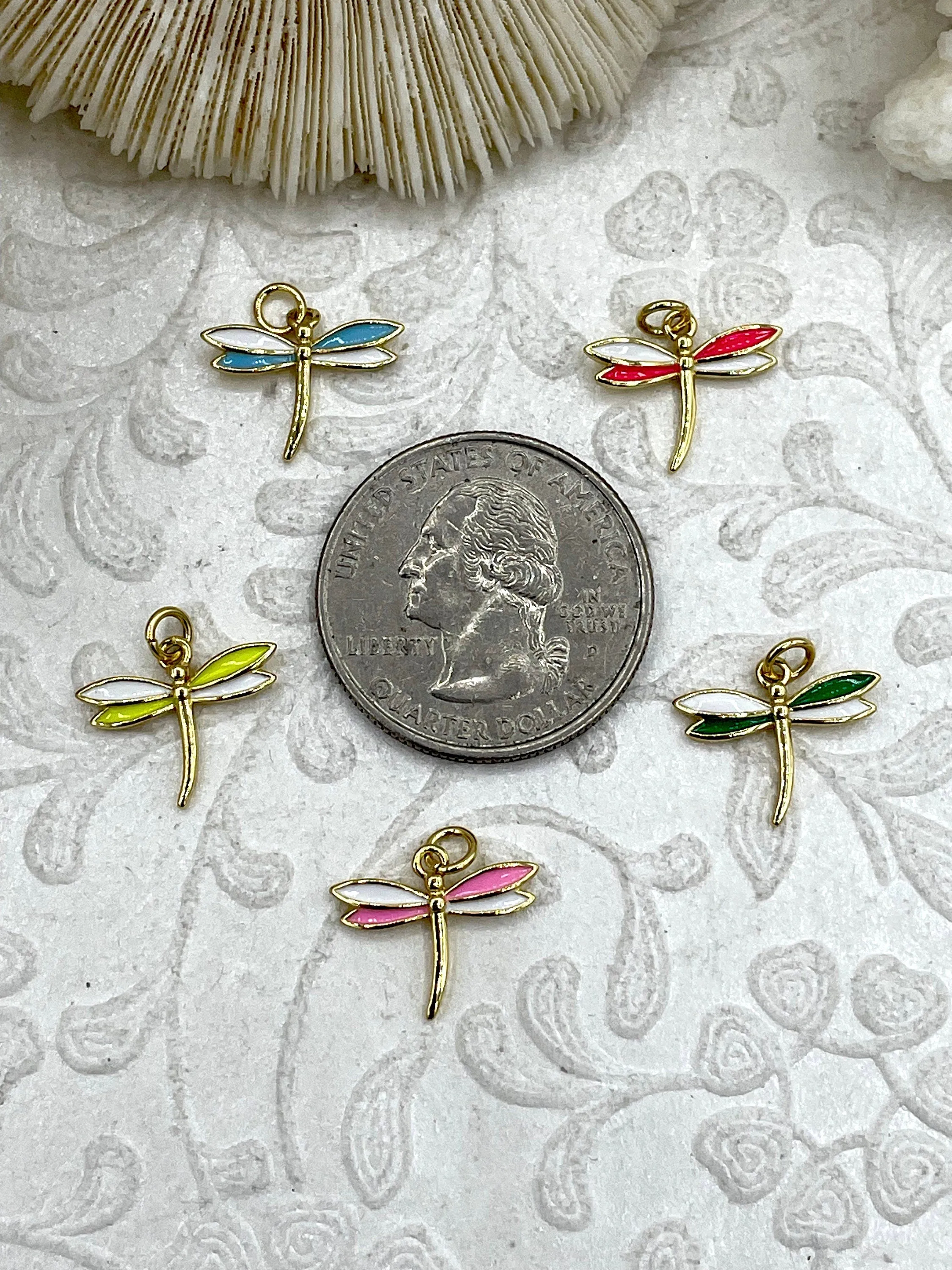 Dragonfly Shaped Enamel and Gold Pendants, Enamel and Gold Plated Brass, 5 Colors,Lt Blue, Lt Pink, Green, Yellow, and Hot Pink. Fast Ship.