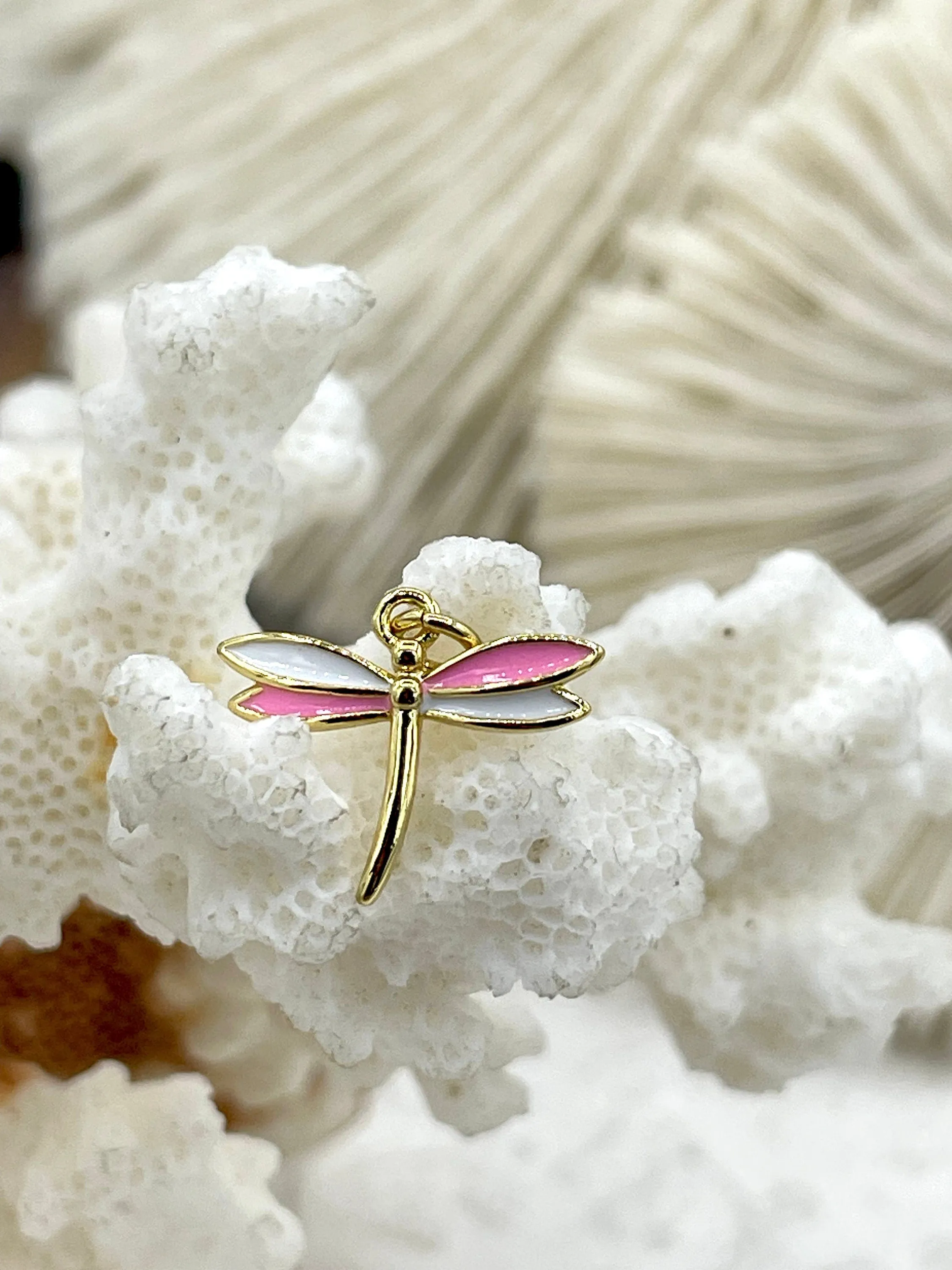 Dragonfly Shaped Enamel and Gold Pendants, Enamel and Gold Plated Brass, 5 Colors,Lt Blue, Lt Pink, Green, Yellow, and Hot Pink. Fast Ship.