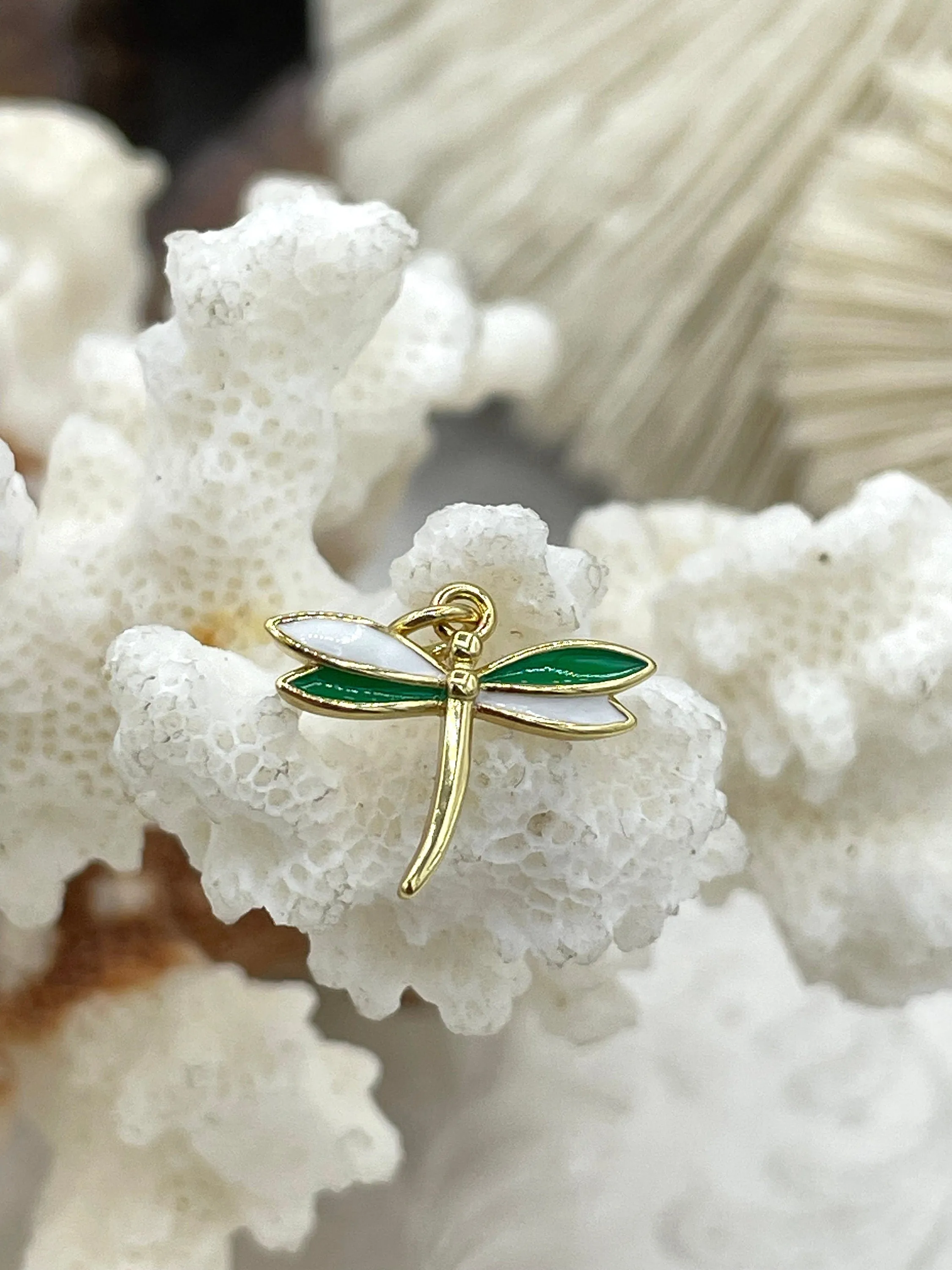 Dragonfly Shaped Enamel and Gold Pendants, Enamel and Gold Plated Brass, 5 Colors,Lt Blue, Lt Pink, Green, Yellow, and Hot Pink. Fast Ship.