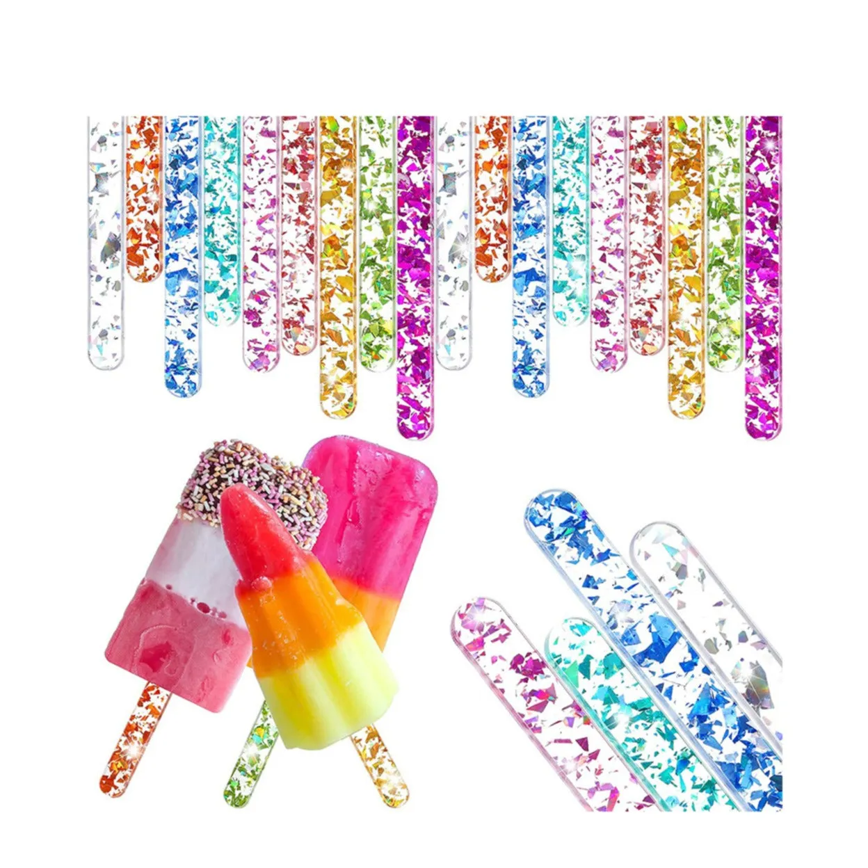 (Set of 20) 11.5cm Acrylic Ice Cream Sticks DIY Glacé Sticks Reusable Ice Cream Sticks for Crafting / Baking - Colorful / Glitter