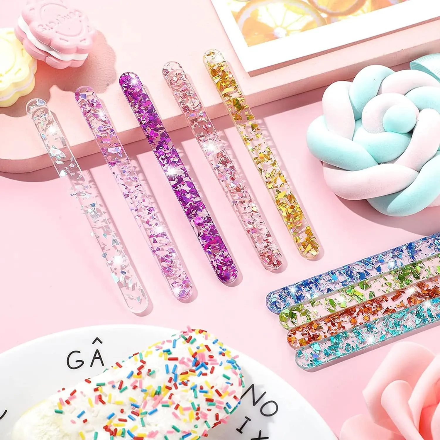 (Set of 20) 11.5cm Acrylic Ice Cream Sticks DIY Glacé Sticks Reusable Ice Cream Sticks for Crafting / Baking - Colorful / Glitter